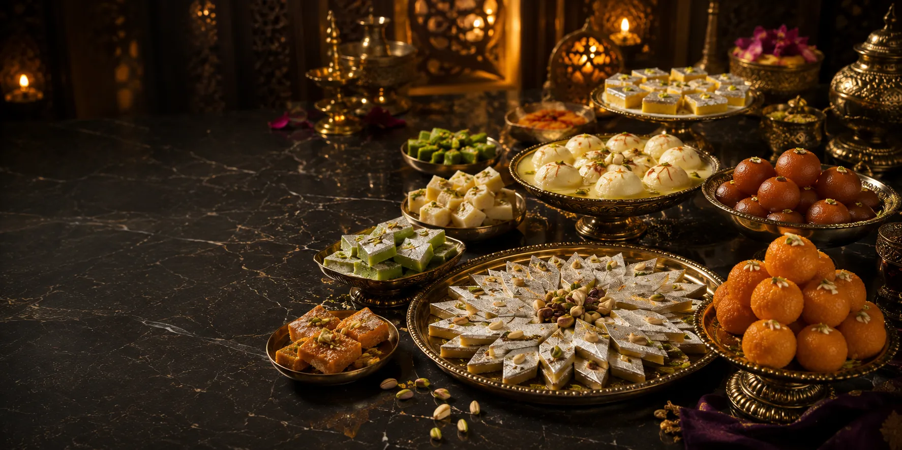 Traditional South Asian sweets and mithai platter at Ghazal Fine-Dine Mithai Ghar in Tamarack, Edmonton